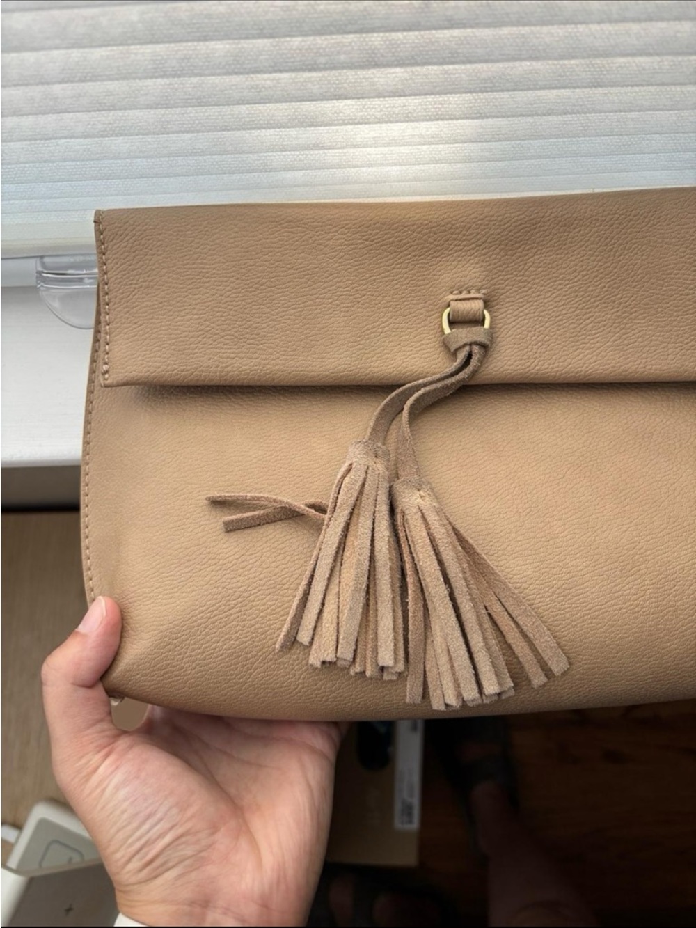 Anthropologie Taupe Tassel Fold-Over purse